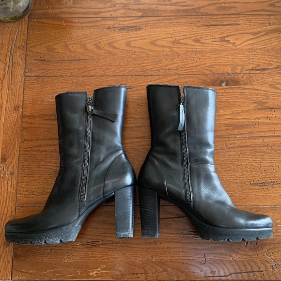Paul Green Stacked Heel Black Leather Boots w/ Shearling Lining Roll Down Size 8 - Picture 3 of 12